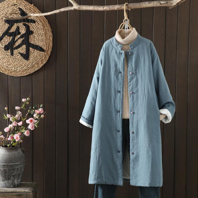 大碼女裝文藝復古中式夾棉衣盤扣外套女中長款保暖棉服長袖上衣女