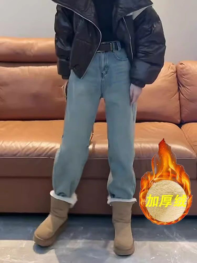 梨形身材小個子秋冬款復古加絨加厚窄版高腰顯瘦遮肉休閒直筒褲潮