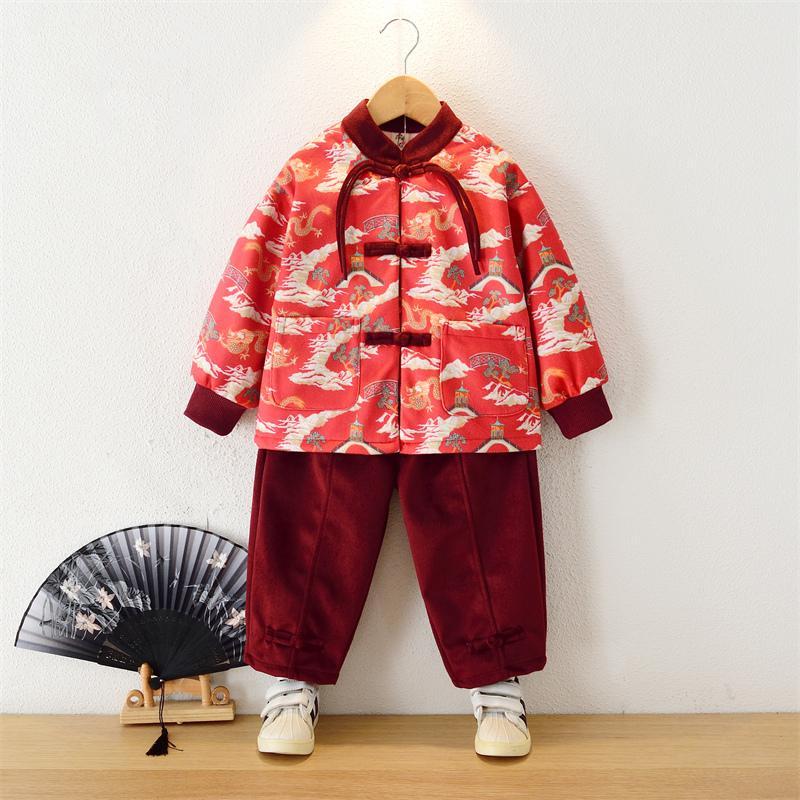 唐裝男童拜年服冬款中國風新年裝女兒童漢服加絨套裝寶寶周歲禮服