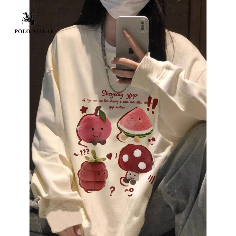 重磅純棉銀狐絨美式復古可愛卡通圓領衛衣女秋冬寬鬆慵懶風上衣女