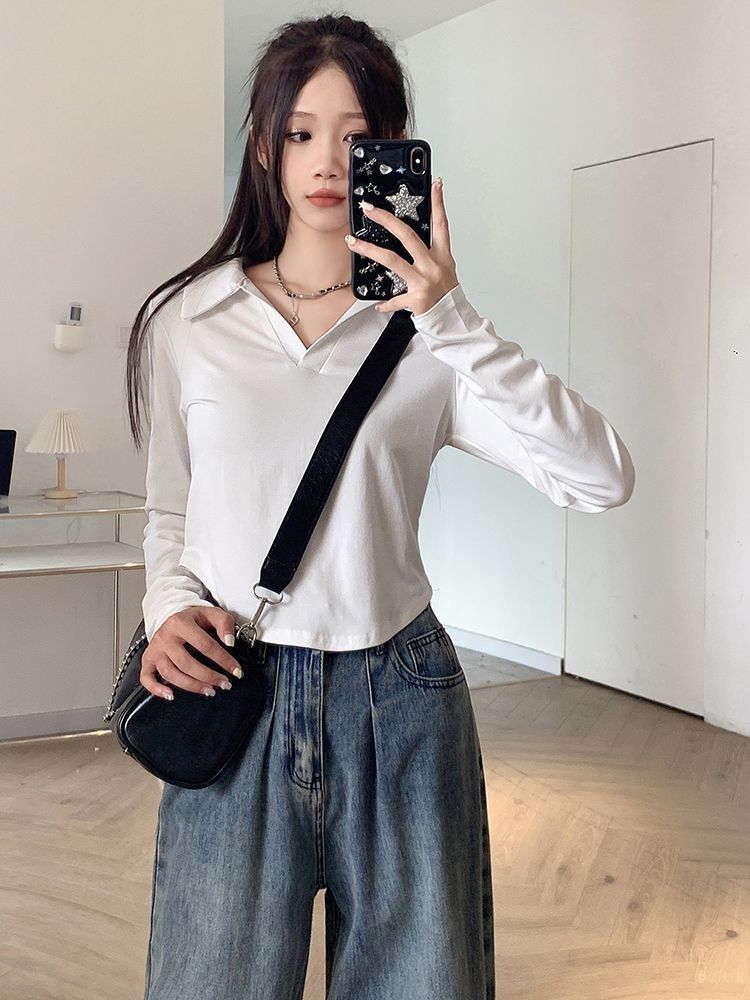 polo領純欲風長袖T恤女新款早秋設計感小眾修身顯瘦短款辣妹上衣