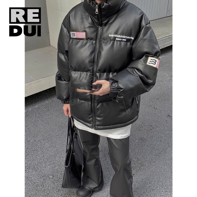 美式復古立領小眾棉服男冬季加厚寬鬆皮外套棉衣高級感情侶潮上衣