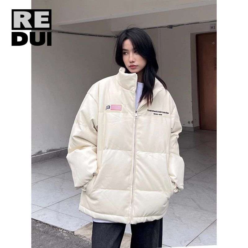 美式國潮復古國潮牌PU皮棉外套棉服冬季男女情侶麵包加厚時尚棉衣