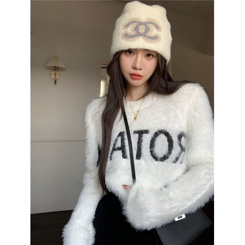仿水貂絨毛衣女秋冬內搭軟糯短款針織衫高級感法式奶系溫柔上衣