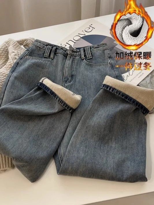韓版復古水洗做舊高腰加絨牛仔褲女寬鬆直筒加厚2023冬季新款長褲