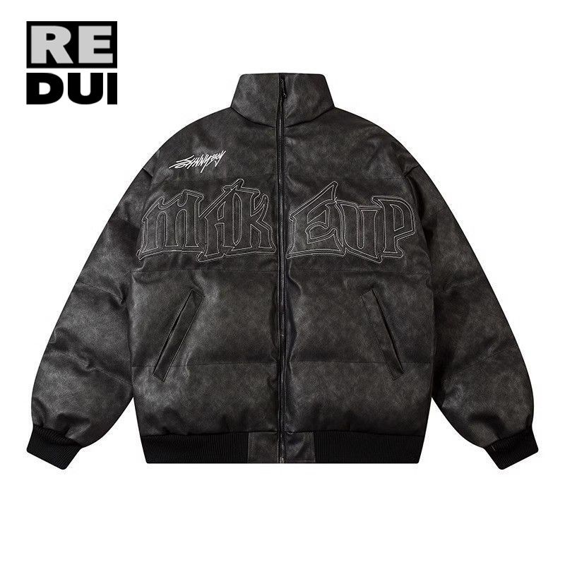 美式小眾街頭PU皮棉衣棉服秋冬加厚oversize寬鬆情侶保暖氣質外套