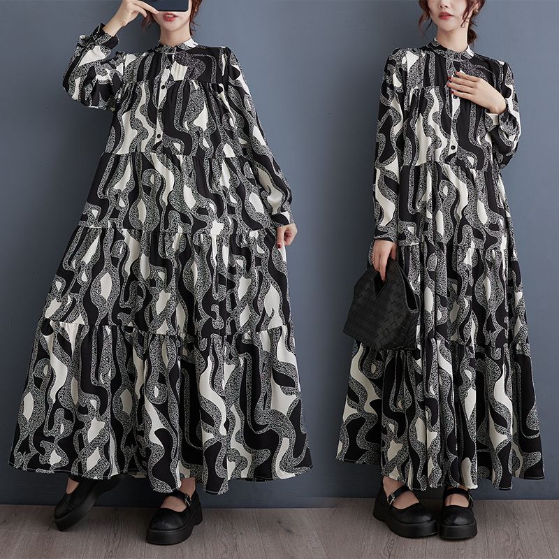2024 Spring Literary Loose Fashionable Original Design Printed Dress Temperament Casual Stand-up Collar Versatile Long Skirt for Women