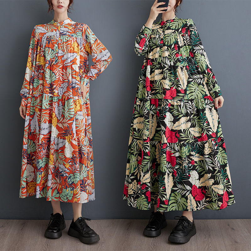 2024 Spring and Autumn New Ethnic Style Print Forest Style Large Size Resort Style Dress Loose Casual Fashion Long Skirt for Women