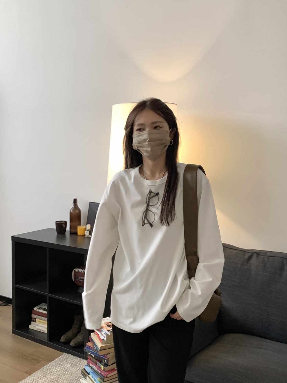 純棉白色t恤女長袖新款韓版寬鬆圓領學生百搭白色長袖打底衫純色