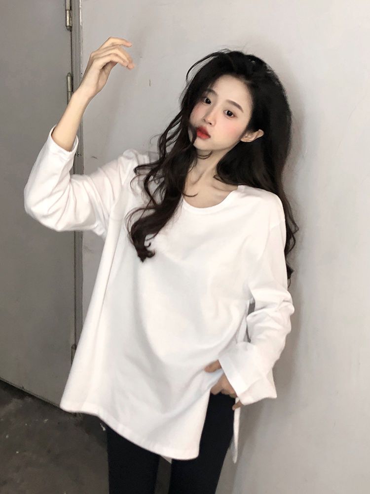 100%純棉長袖t恤女ins潮2023新款寬鬆韓版學生bf風白色打底衫上衣