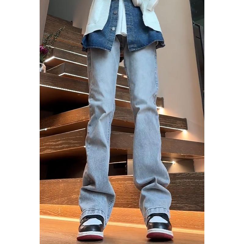 Haze smoke gray slim jeans men's American retro vibe pants high street cleanfit slightly flared straight pants