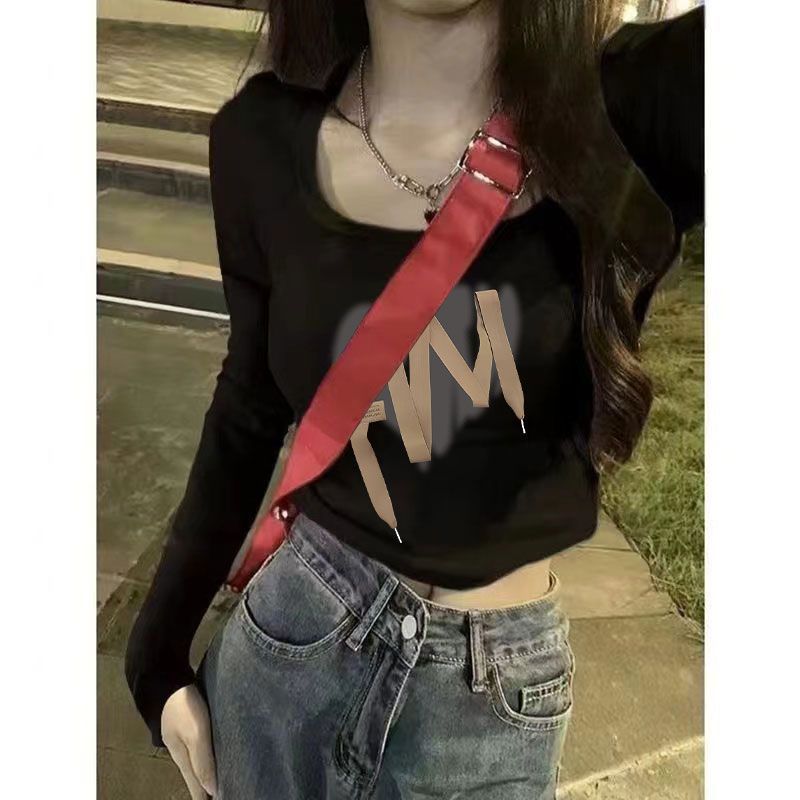 短款打底衫女黑色u領印花修身顯瘦2023年長袖高腰露臍上衣春夏款