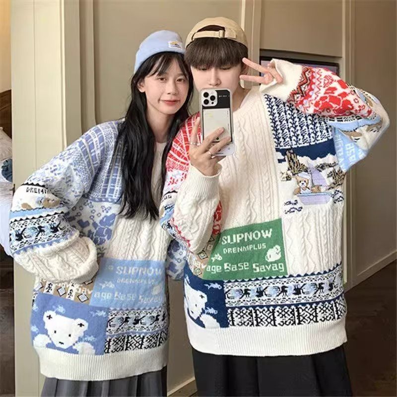 Stitched contrasting embroidered bear sweater for men and women, soft and waxy autumn and winter lazy loose trendy ins student versatile sweater