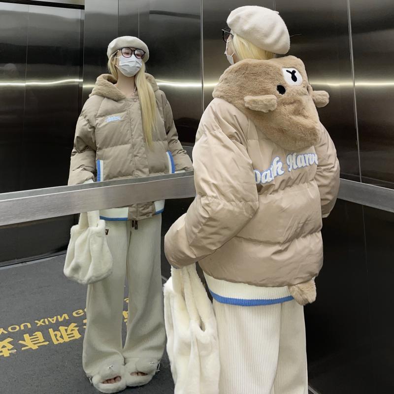 nVyK連帽棉衣女冬季加厚日式原宿風可愛小熊字母毛巾繡麵包服外套
