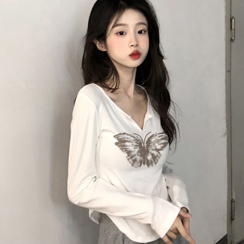 純棉正肩長袖小v領t恤女新款秋季弧形下擺純欲風修身辣妹上衣ins