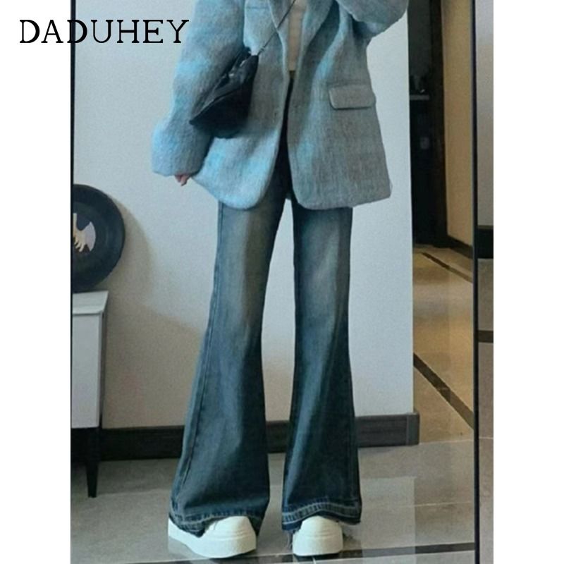 Raw edge design niche retro bootcut jeans for women autumn and winter new style small loose slimming floor-length pants