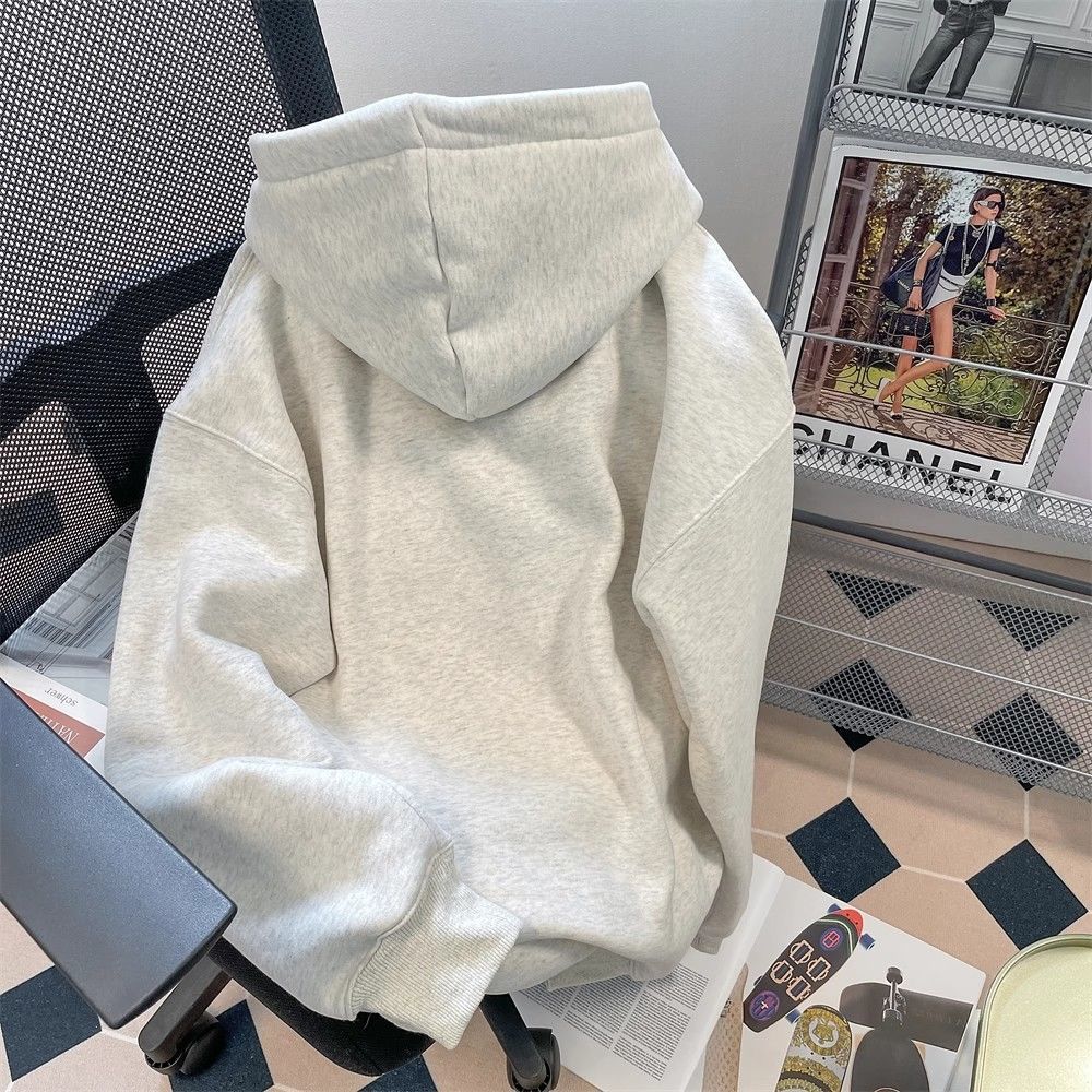 Pure cotton 450G heavyweight silver fox velvet American gray hooded sweatshirt for women in autumn and winter couple's lazy style little man coat