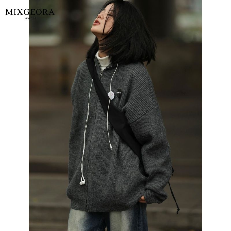 MIX GEORA日系秋冬開衫連帽針織衫男女徽章寬鬆休閒百搭情侶毛衣