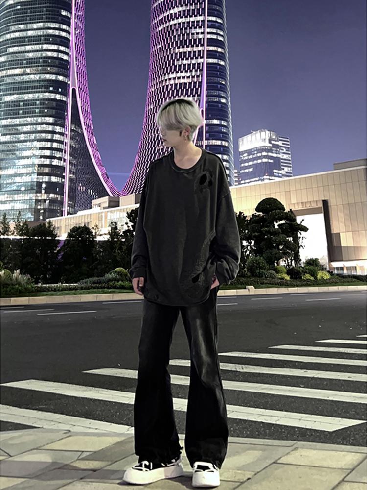 Boys' slightly flared black and gray gradient jeans, American high street vibe, Margiela pants, handsome cleanfit pants