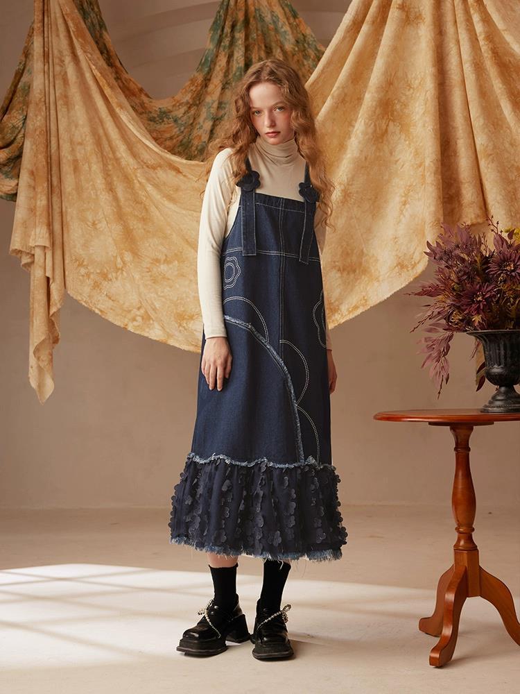 Van Gogh's Literary Fantasy Traveler 2024 Spring and Autumn New Design Temperament Vest Denim Suspender Dress for Women