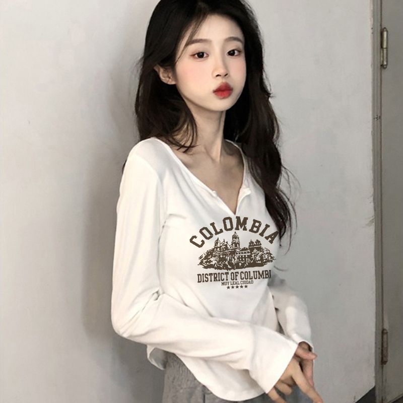 純棉正肩長袖小v領t恤女新款秋季弧形下擺純欲風修身辣妹上衣ins