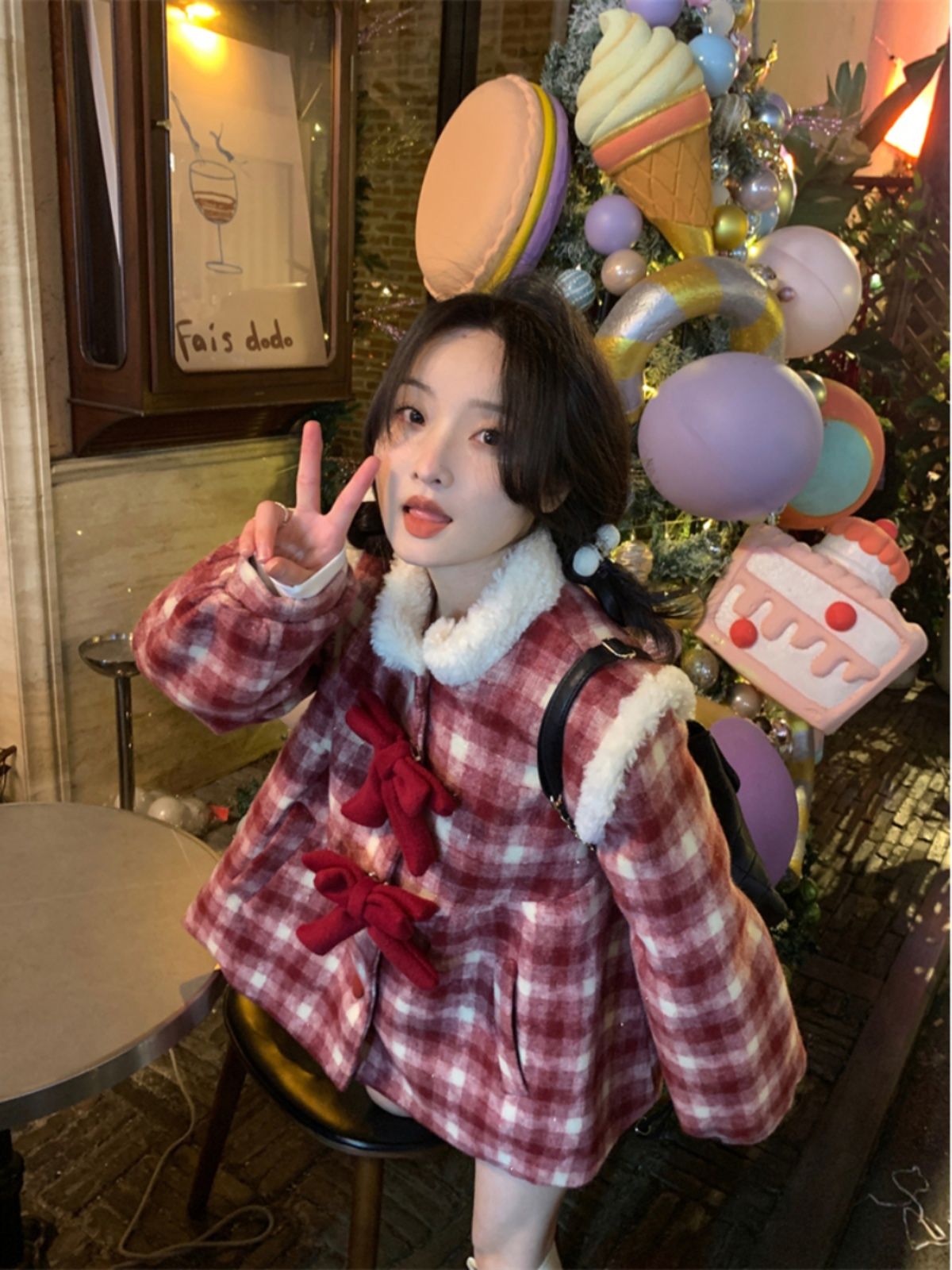 新年聖誕格子毛呢外套女冬季2023新款蝴蝶結設計感小個子洋氣上衣
