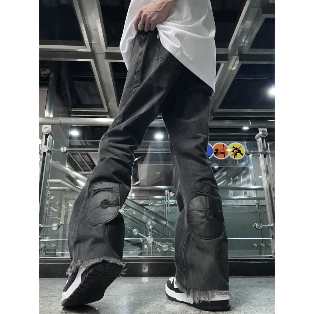 美式vibe風水洗PU皮刺繡貼布牛仔褲男高街痞帥高級感微喇毛邊褲子