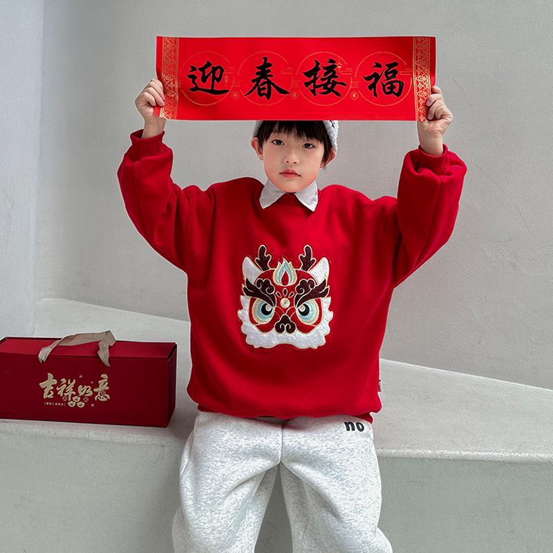 本命年红色卫衣男童加绒加厚冬装2024龙年拜年服中大童中国风上衣