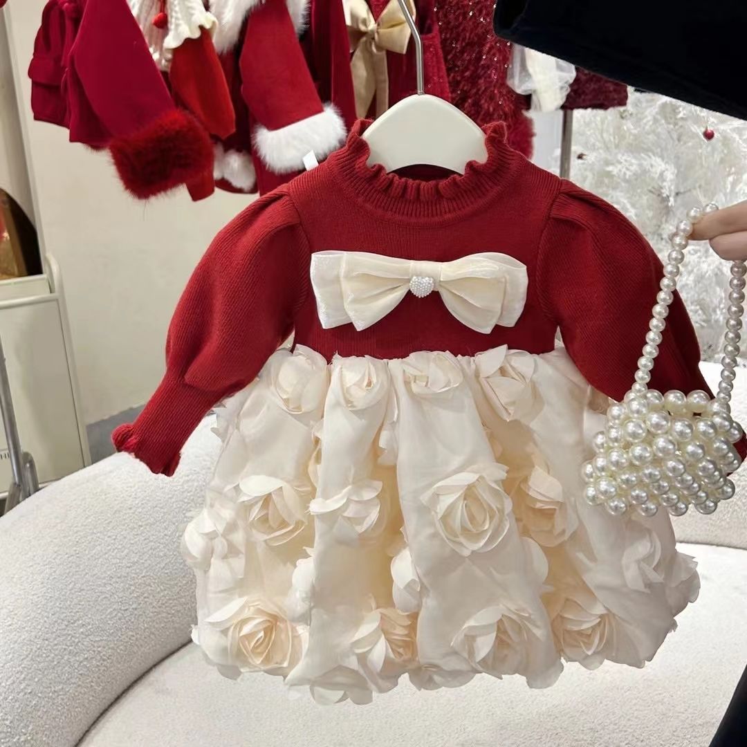 Girls' mesh three-dimensional flower princess dress, fashionable skirt, sweater skirt, tutu skirt, children's autumn and winter New Year's dress