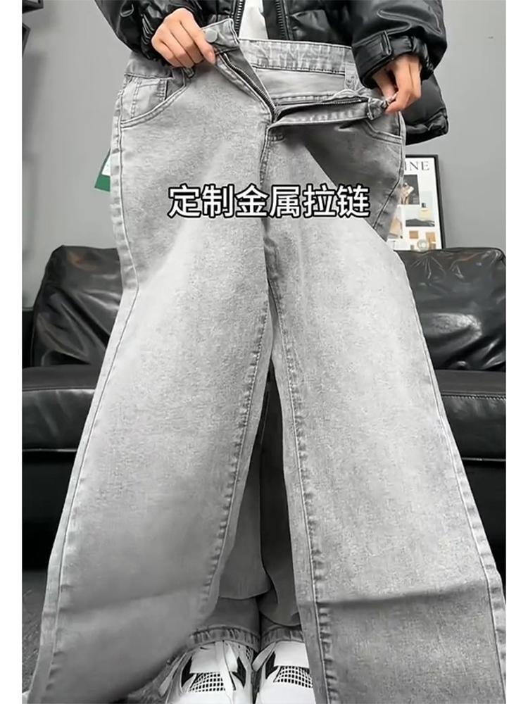 American retro trousers men's high street handsome cement gray jeans cleanfit slim straight casual casual trousers