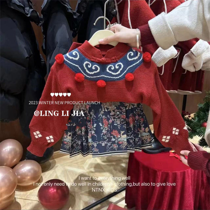 Girls' winter New Year's greetings suit 2023 new style children's and girls' Chinese style thickened sweater Hanfu horse face skirt Tang suit