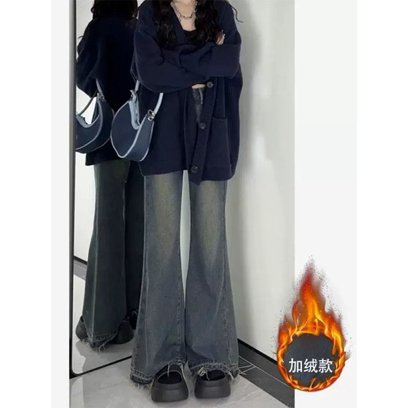 復古微喇牛仔褲女秋冬款加絨加厚梨形身材大碼高腰顯瘦毛邊喇叭褲