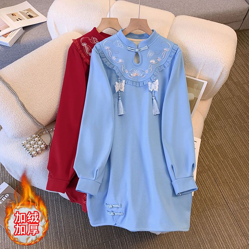 大碼女裝原創衛衣裙改良漢服刺繡盤扣寬鬆顯瘦加絨加厚2022新款