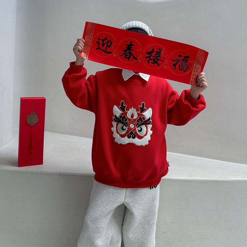 本命年红色卫衣男童加绒加厚冬装2024龙年拜年服中大童中国风上衣