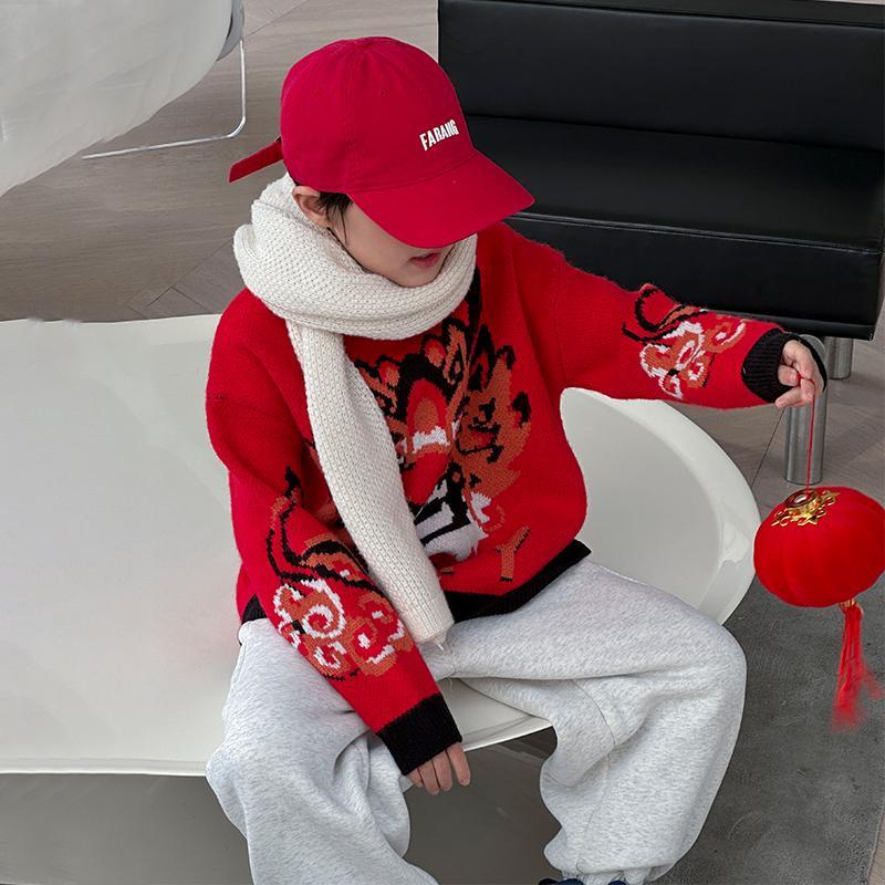 男童红色毛衣2024龙年新款儿童本命年保暖针织衫套头年衣时尚潮酷