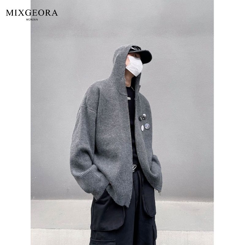 MIX GEORA美式連帽徽章毛衣拉鏈開衫情侶慵懶針織衫冬季男女外套