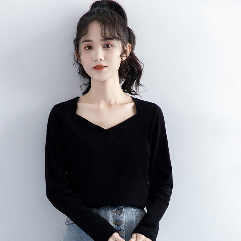 秋季新款休閒時尚V領長袖T恤女復古純色打底衫大碼胖MM顯瘦上衣女