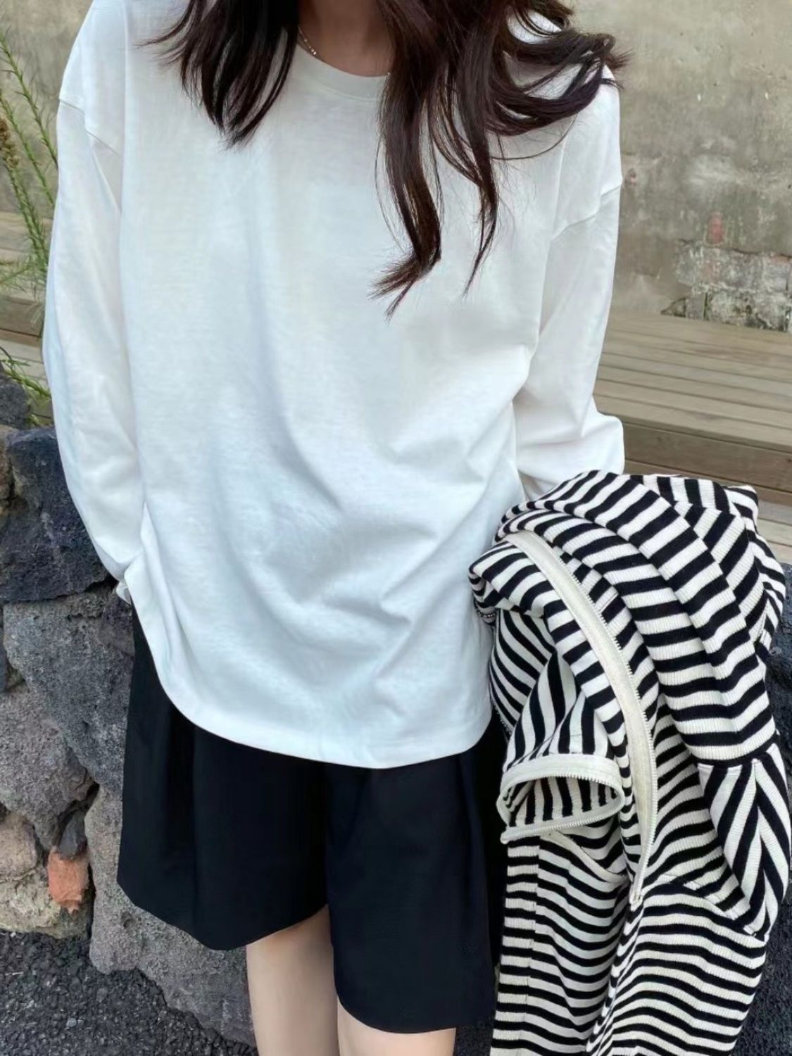 100%純棉白色打底衫女春秋新款長袖內搭韓版寬鬆洋氣圓領T恤上衣