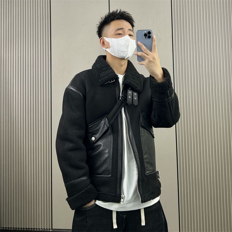 Winter new American retro coat trendy and versatile thickened fur all-in-one motorcycle lapel top men's jacket