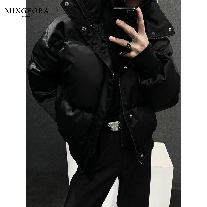MIX GEORA冬季韓版假兩件設計痞帥純色加厚立領棉衣男士休閒外套