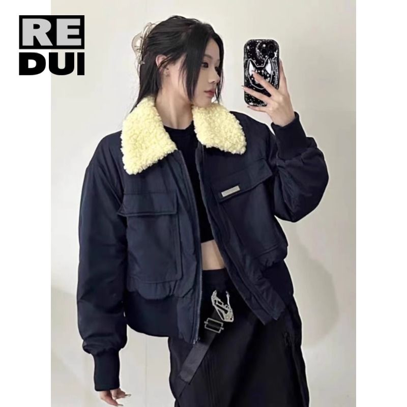 美式復古仿羊羔毛翻領短款辣妹棉服女冬季棉衣外套潮牌保暖棉襖厚