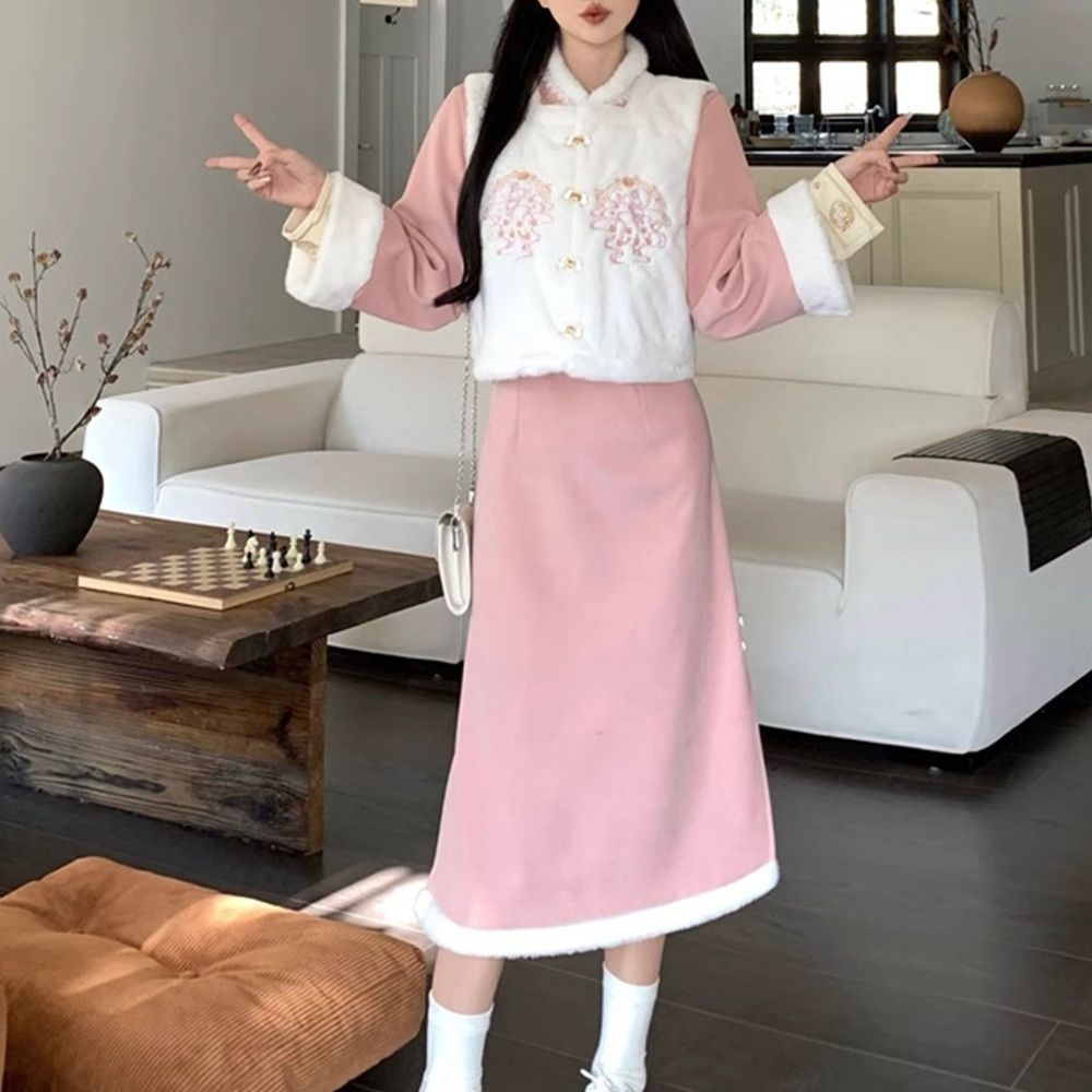 秋冬季大碼復古新中式國風改良旗袍連衣裙氣質馬甲高級感兩件套裝