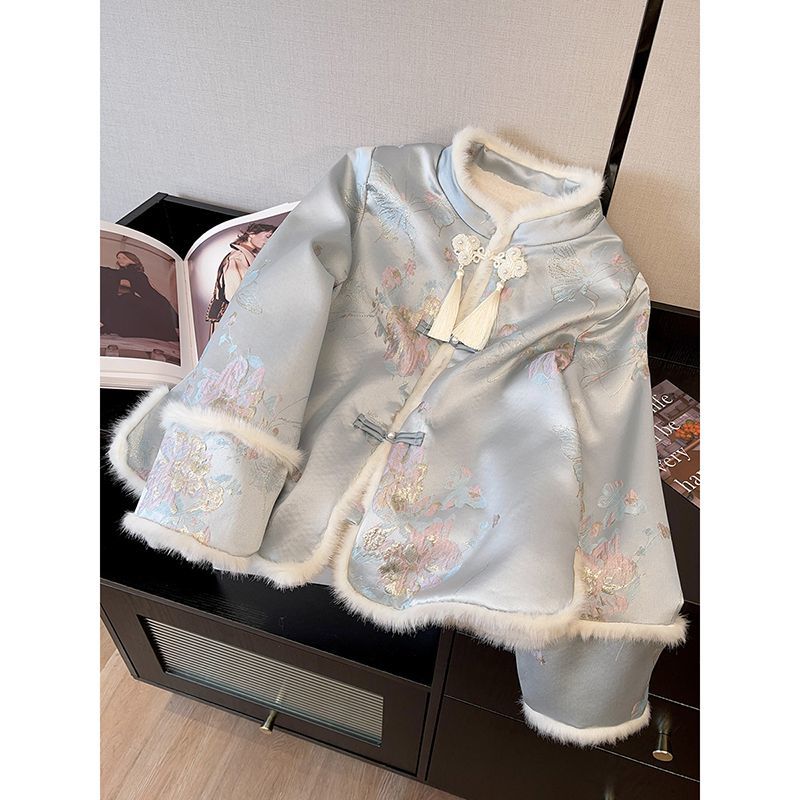 New Chinese style women's national style flower cotton jacket women's autumn and winter 2023 new large size fat mm retro disc button cotton jacket