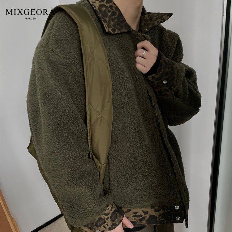 MIX GEORA美式復古豹紋兩面穿男冬棉服外套潮牌歐美街頭羊羔棉衣