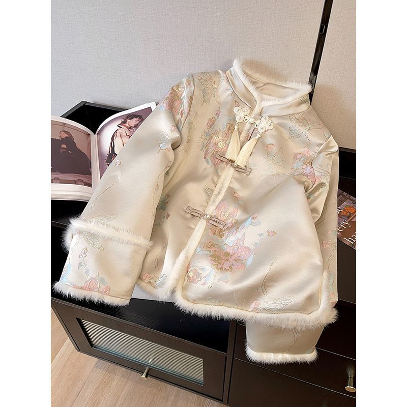 New Chinese style women's national style flower cotton jacket women's autumn and winter 2023 new large size fat mm retro disc button cotton jacket