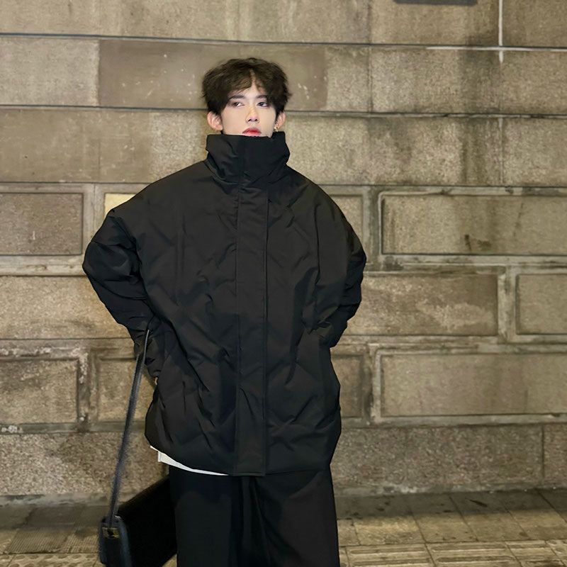 Black rhombus cotton coat for men in winter, light and cleanfit American style bread coat, short stand-up collar workwear pleated coat