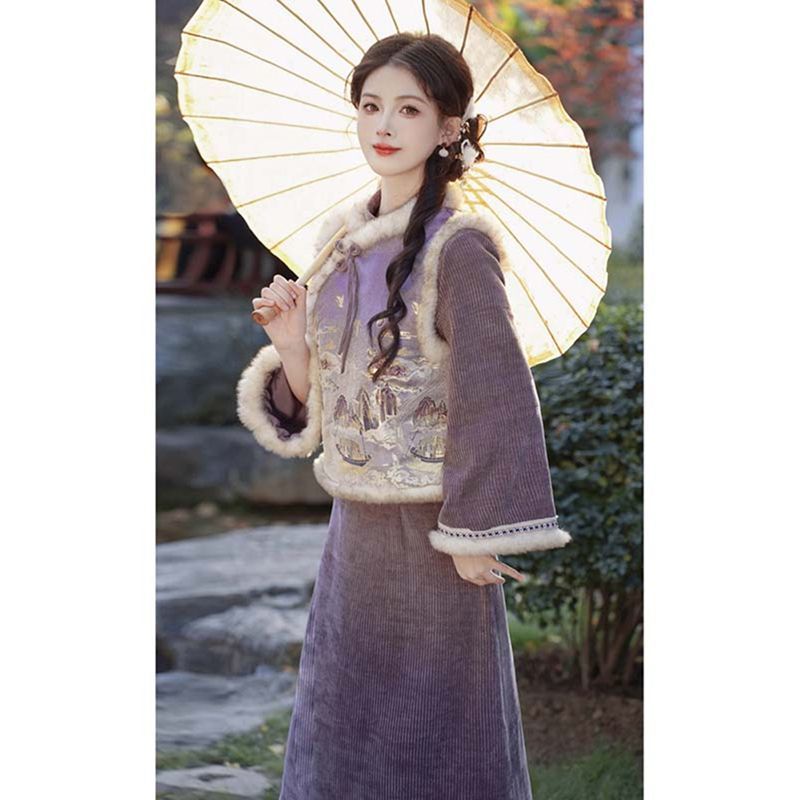 新中式國風紫色連衣裙女秋冬小個子民國小洋裝改良旗袍馬甲兩件套