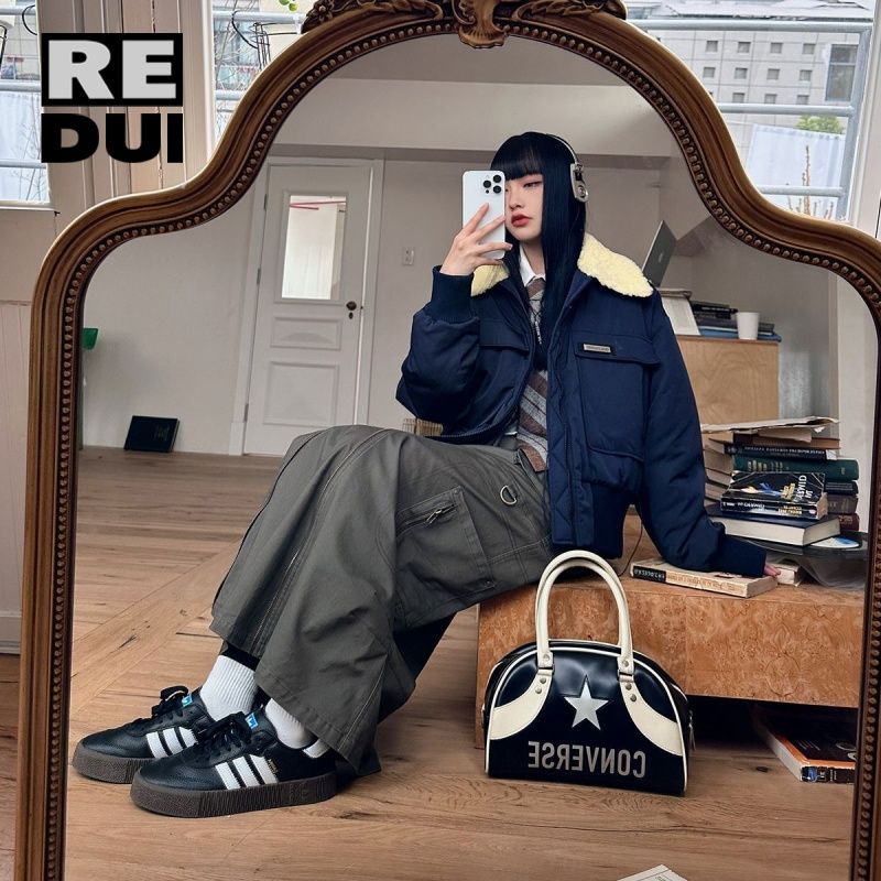 原創設計藏青色短款寬鬆羊羔毛翻領棉服女冬季加厚棉衣工裝外套潮