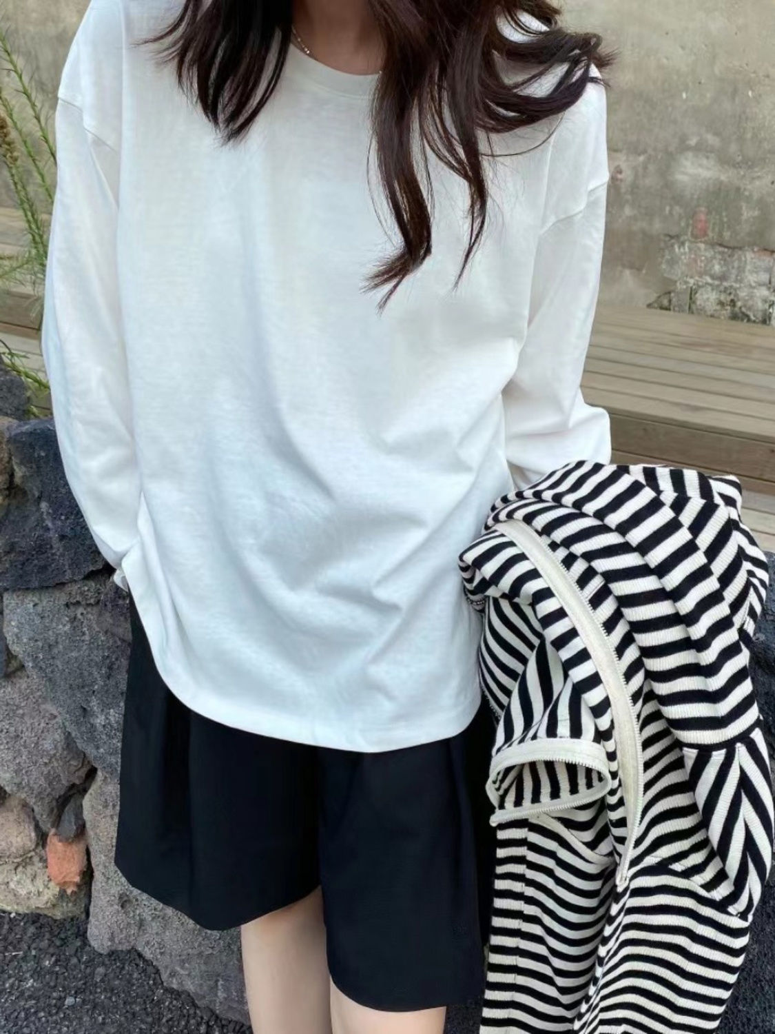100%純棉白色打底衫女春秋新款長袖內搭韓版寬鬆洋氣圓領T恤上衣