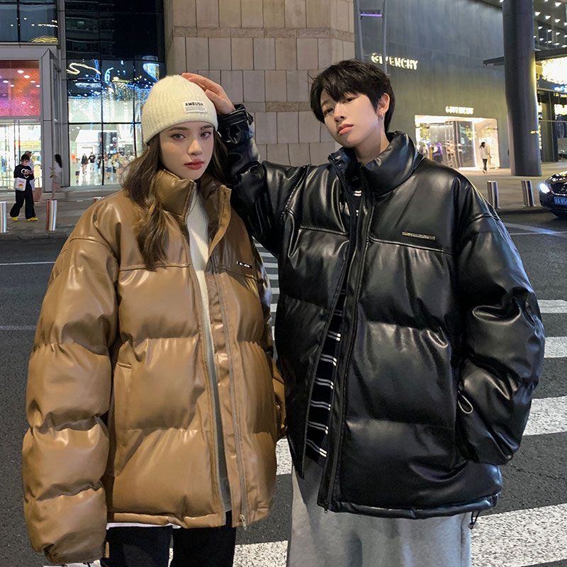 情侶裝冬季棕色pu皮休閒棉服女2023新款加厚立領寬鬆保暖防水棉衣